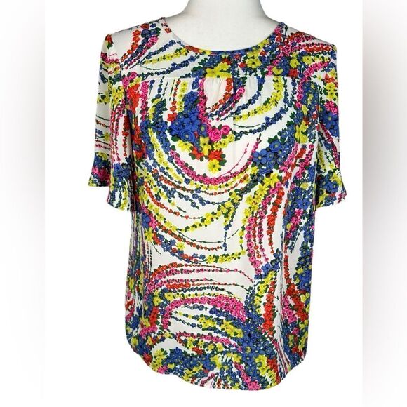 Talbots Petite Yellow & Pink Multi Swirl Print Short Sleeve Ruffle Sleeve Blouse - Picture 1 of 9